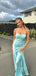 Satin Spaghetti Straps Light Blue Long Evening Prom Dresses, Custom Side Slit Prom Dress, PM0188