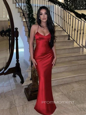 Simple Spaghetti Straps V-neck Satin Long Evening Prom Dresses, Mermaid Prom Dress, PM0191