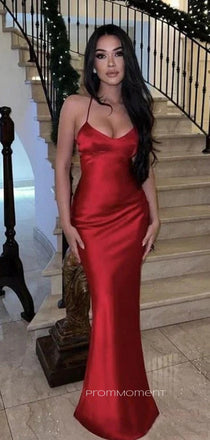 Simple Spaghetti Straps V-neck Satin Long Evening Prom Dresses, Mermaid Prom Dress, PM0191