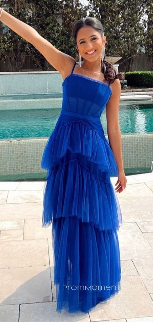 Lovely Tulle A-line Spaghetti Straps Long Evening Prom Dresses, PM0194