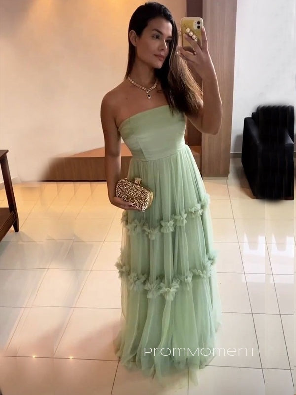Unique Sage Green Tulle Strapsless Long Evening Prom Dresses, PM0196