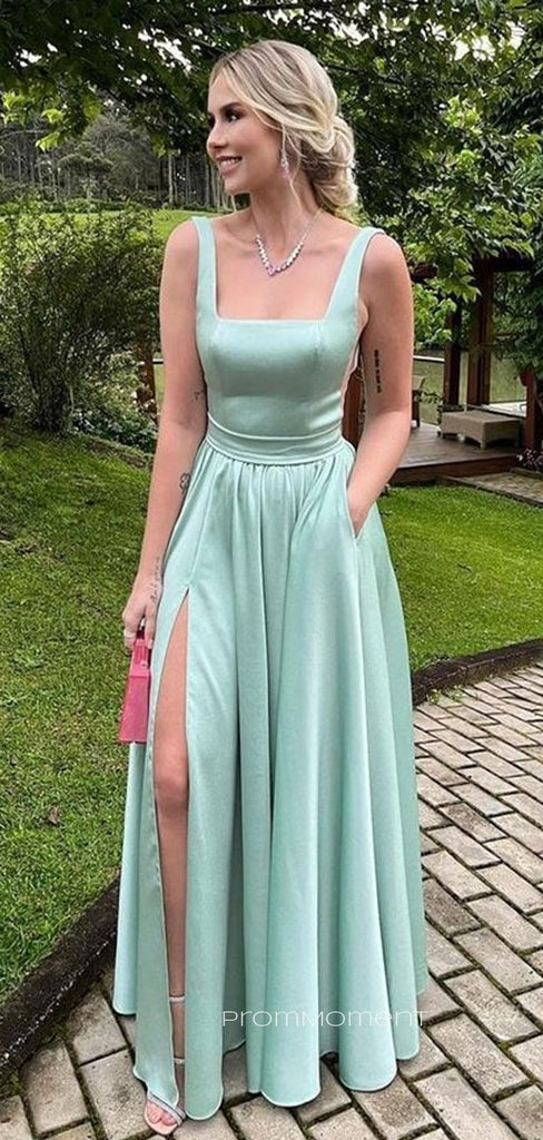 Satin Green Straps A-line Long Evening Prom Dresses, PM0198