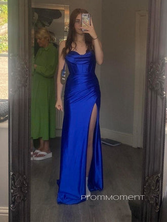 Formal Spaghetti Straps Long Evening Prom Dresses, Royal Blue Satin Prom Dress, PM0199