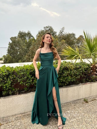 A-line Satin Spaghetti Straps Dark Green Long Evening Prom Dresses, PM0200