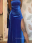 Sexy Velvet Strapless High Slit Long Evening Prom Dresses, Mermaid Blue Prom Dress, PM0203