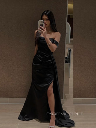 Unique Off Shoulder Black Satin Long Evening Prom Dresses, Side Slit Prom Dress, PM0207