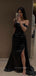 Unique Off Shoulder Black Satin Long Evening Prom Dresses, Side Slit Prom Dress, PM0207
