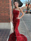 Floor-length Sparkly Red Mermaid Side Slit Long Evening Prom Dresses, PM0218