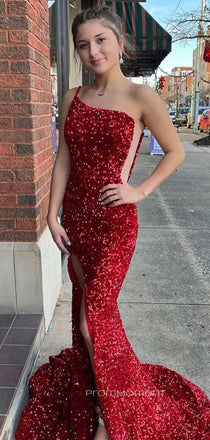 Floor-length Sparkly Red Mermaid Side Slit Long Evening Prom Dresses, PM0218