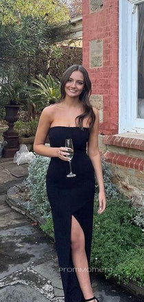 Popular Black Mermaid Side Slit Long Evening Prom Dresses, Strapless Sleeveless Prom Dress, PM0220