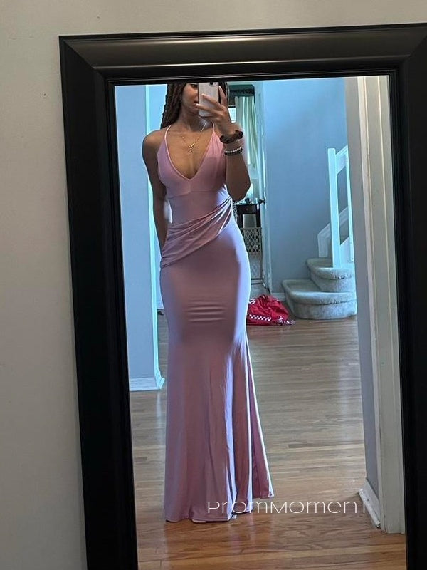 Sheath Pink Mermaid Spaghetti Straps Long Evening Prom Dresses, Sexy Backless Prom Dress, PM0222