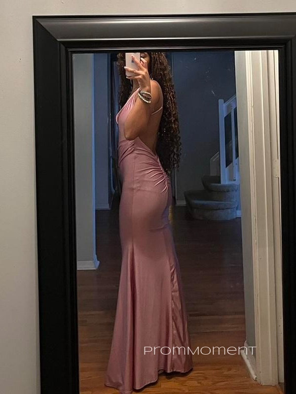 Sheath Pink Mermaid Spaghetti Straps Long Evening Prom Dresses, Sexy Backless Prom Dress, PM0222