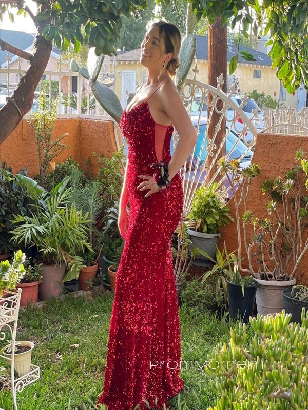 Sequins Red V-neck Backless Spaghetti Straps Long Evening Prom Dresses, PM0225