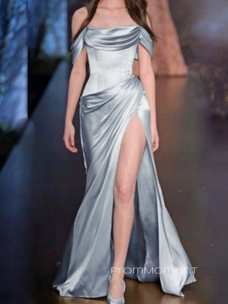 Formal Off Shoulder Satin A-line Long Evening Prom Dresses, High Slit Prom Dress, PM0227