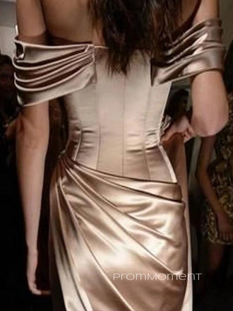 Formal Off Shoulder Satin A-line Long Evening Prom Dresses, High Slit Prom Dress, PM0227
