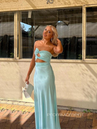 Baby Blue Satin Strapless Sweetheart Long Evening Prom Dresses, Sleeveless Prom Dress, PM0230