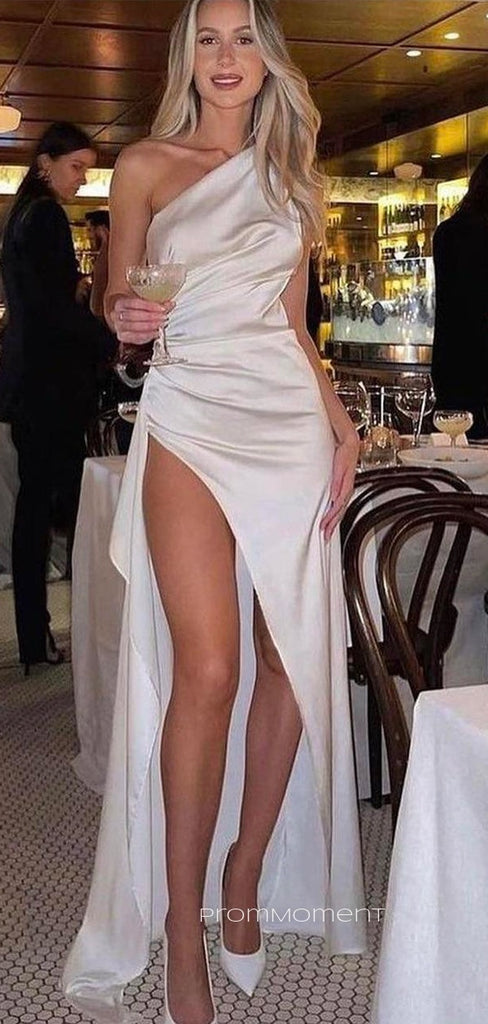 Sexy One Shoulder Ivory Long Evening Prom Dresses, High Slit Prom Dress, PM0232