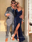 Popular Sequins V-neck Spaghetti Straps Side Slit Long Evening Prom Dresses, PM0233