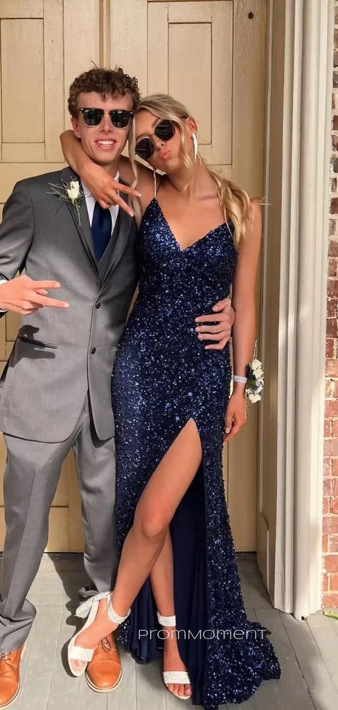 Popular Sequins V-neck Spaghetti Straps Side Slit Long Evening Prom Dresses, PM0233