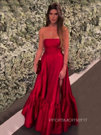 Morden Strapless A-line Long Evening Prom Dresses, Blackless Red Prom Dress, PM0237