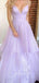 Unique Purple A-line Deep V-neck Long Evening Perom Dresses, Spaghetti Straps Sleevless Prom Dress, PM0238