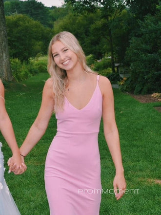 Simple Pink Mermaid Long Evening Prom Dresses, V-neck Spaghetti Straps Prom Dress, PM0239