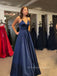 A-line Spaghetti Straps Long Evening Prom Dresses, Blue Satin Prom Dress, PM0241