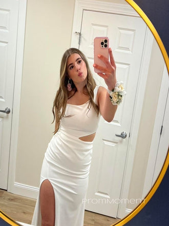 Elegant One Shoulder White Mermaid Long Evening Prom Dresses, High Slit Prom Dress, PM0242