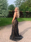 Backless V-neck Lace Mermaid Long Evening Prom Dresses, Sexy Black Strape Prom Dress, PM0243