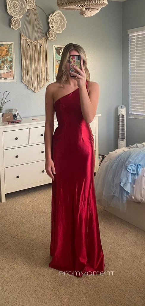 Satin One Shoulder Backless Long Evening Prom Dresses, Red Mermaid Prom Dress, PM0245