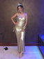 Gold Sequins Mermaid Sparkly V-back Straps V-neck Long Evening Prom Dresses, PM0246