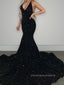 Sparkly Sequins Black Mermaid Long Evening Prom Dresses, Sexy Deep V-neck Backless Prom Dress, PM0249