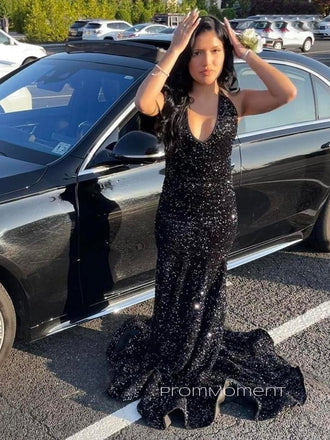 Sparkly Sequins Black Mermaid Long Evening Prom Dresses, Sexy Deep V-neck Backless Prom Dress, PM0249