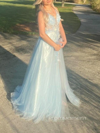 Light Blue A-line Deep V-neck Backless Long Evening Prom Dresses, Lovely Tulle Prom Dress, PM0250