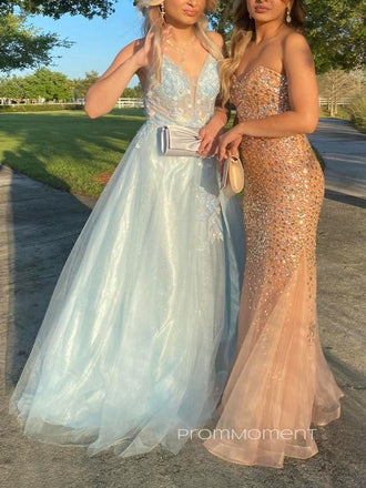 Light Blue A-line Deep V-neck Backless Long Evening Prom Dresses, Lovely Tulle Prom Dress, PM0250