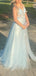 Light Blue A-line Deep V-neck Backless Long Evening Prom Dresses, Lovely Tulle Prom Dress, PM0250