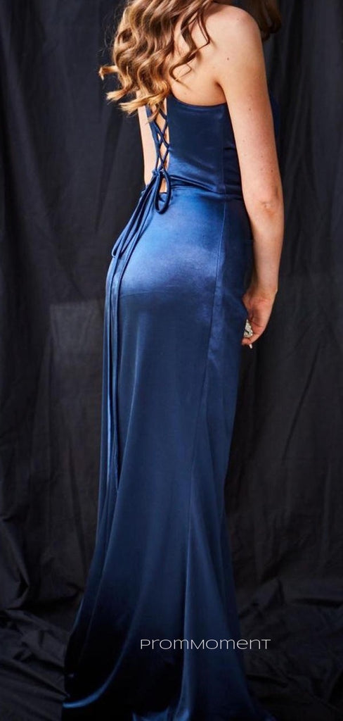Gorgeous Navy Blue Satin Long Evening Prom Dresses, Mremaid V-neck Straps Prom Dress, PM0251