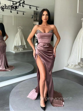 Morden Beaded Satin Mermaid Long Evening Prom Dresses, High Slit V-neck Prom Dress, PM0254