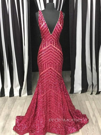 Floor-lenght Sequins Mermaid Long Evening Prom Dresses, Deep V-neck Red Sparkly Prom Dress, PM0255