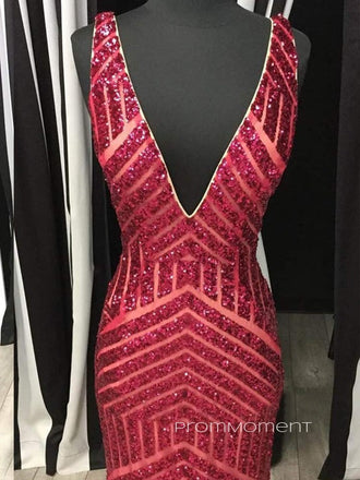Floor-lenght Sequins Mermaid Long Evening Prom Dresses, Deep V-neck Red Sparkly Prom Dress, PM0255