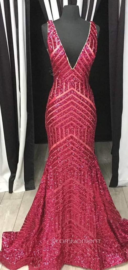 Floor-lenght Sequins Mermaid Long Evening Prom Dresses, Deep V-neck Red Sparkly Prom Dress, PM0255