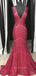 Floor-lenght Sequins Mermaid Long Evening Prom Dresses, Deep V-neck Red Sparkly Prom Dress, PM0255