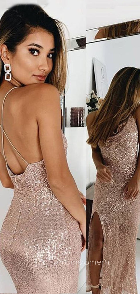 Rose Gold Mermaid Sequins Side Slit Backless Long Evening Prom Dresses, PM0256