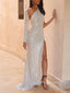 Unique Long Sleeve Silver Sequins Sparkly Backless Side Slit Long Evening Prom Dresses, PM0257