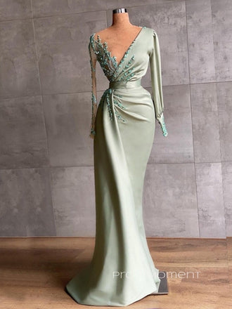 Formal Long Sleeves Beaded Satin Long Evening Prom Dresses, Sage V-neck Prom Dress, PM0259)