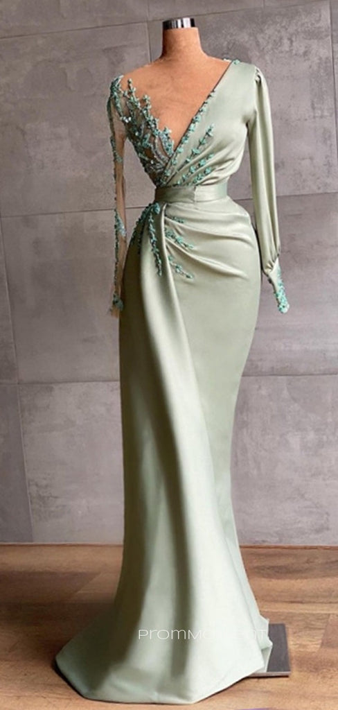 Formal Long Sleeves Beaded Satin Long Evening Prom Dresses, Sage V-neck Prom Dress, PM0259)