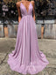 Sparkly Backless Spaghetti Straps Long Evening Prom Dresses, Sexy V-neck A-line Purple Prom Dress, PM0260