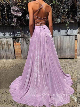 Sparkly Backless Spaghetti Straps Long Evening Prom Dresses, Sexy V-neck A-line Purple Prom Dress, PM0260