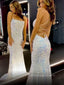 Sparkly Sequins White Mermaid Backless Spaghetti Straps Long Evening Prom Dresses, PM0261