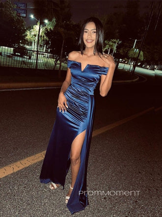 Off Shoulder Satin Mermaid Long Evening Prom Dresses, Navy Blue Side Slit Prom Dress, PM0263
